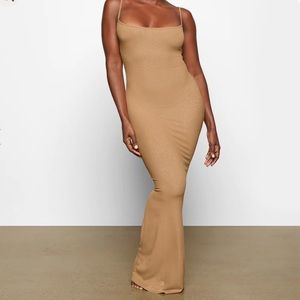 SOFT LOUNGE SHIMMER LONG SLIP DRESS in CAMEL